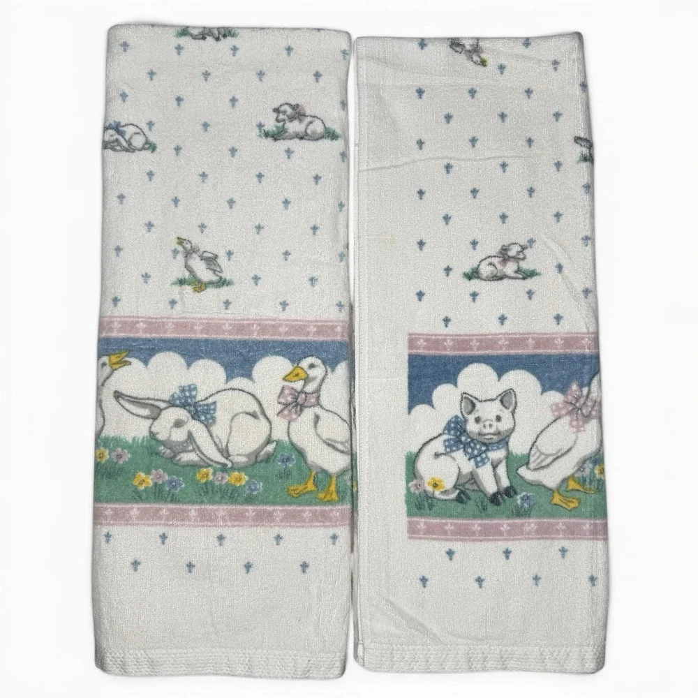 Vintage Pair Fieldcrest Howard Kaplans French Country Farm Animal Bath Towel Set